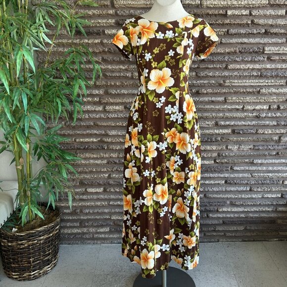 Ui- Maikai Vintage 60s Hawaiian Hibiscus Floral Barkcloth Tiki Dress Draped Back - Picture 2 of 10